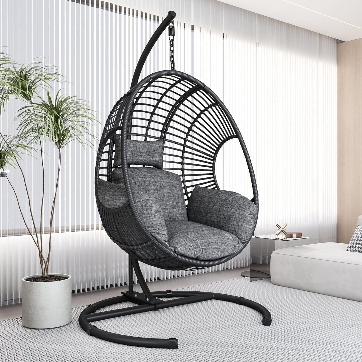 Hanging Egg Chair with Stand - Egg Swing Chair Outdoor Indoor Patio Wicker Chair Swing Hammock Egg Chairs 400lbs Capacity for Outside Patio, Bedroom, Garden and Balcony(Black) TQKVIPI