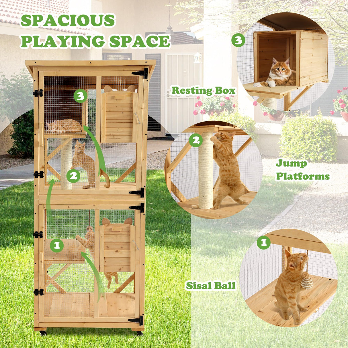 Grepatio Catio Outdoor Cat Enclosure, 4 Tiers Cat House with Waterproof Roof, Indoor Cat Cage with Wheels and Removable Floor, Large Outside Wood Cattio Kitty with Resting Box, Window Access (Natural) Grepatio