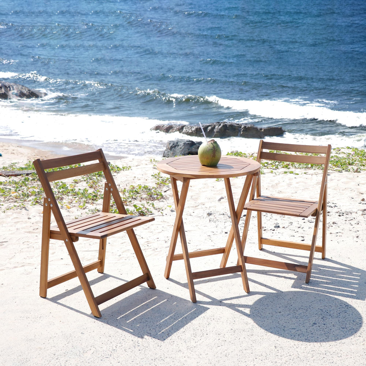 VICTORY RELAX Acacia Wooden Chairs Set of 2, Folding Waterproof Small Patio Chairs with Waterproof and UV Coating, Indoor Outdoor Bistro Set for Garden Balcony Patio Lawn Living Room VICTORY RELAX