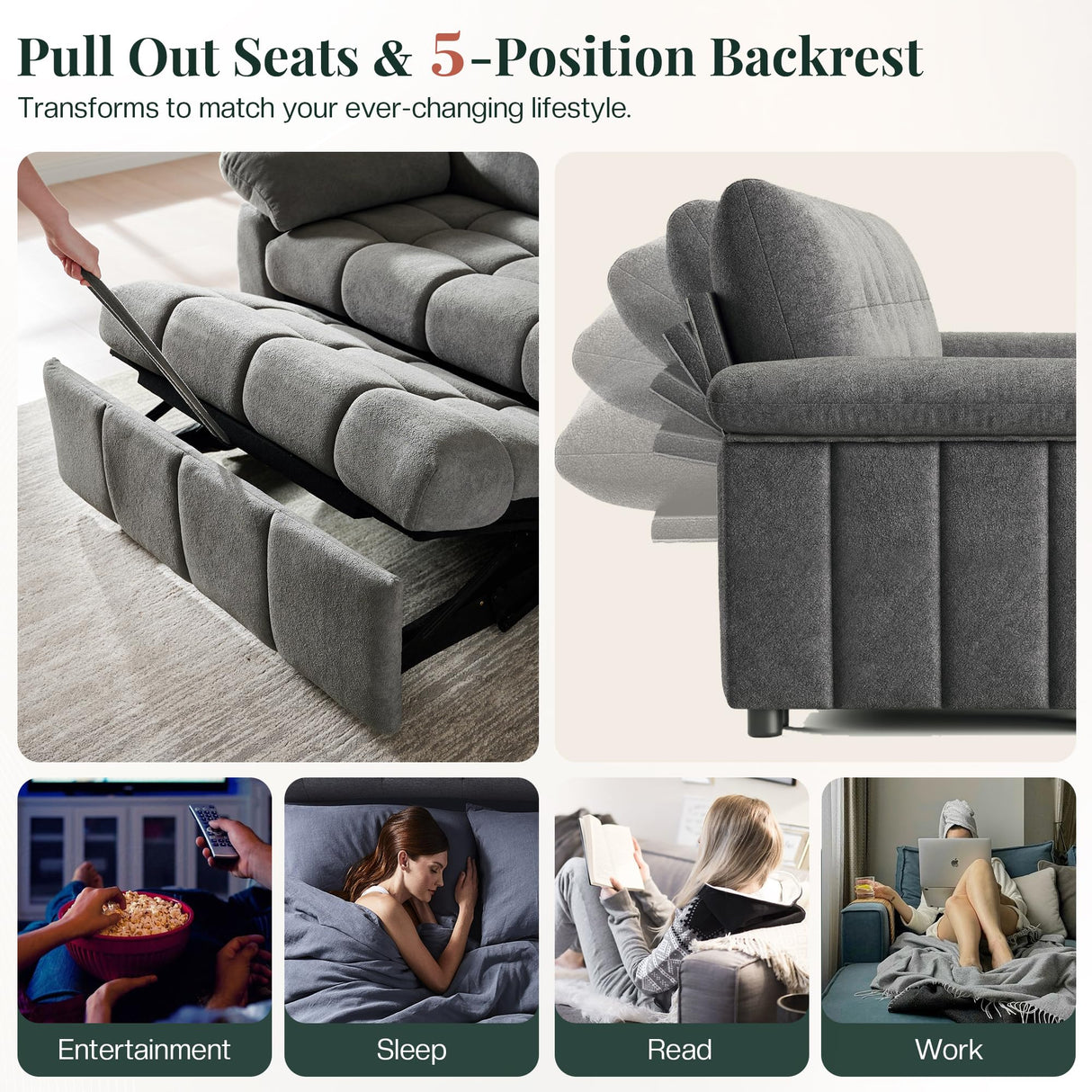 Jocisland 93” Convertible Sofa Bed with Pull-Out Sleeper, 4-in-1 Couch with 5-Position Backrest, Tufted Chenille, Easy 10-Min Assembly, Modern Couch for Living Room & Guests – Gray Jocisland