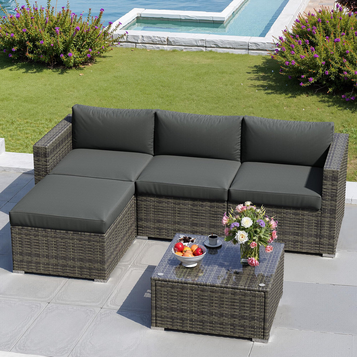 5 Pieces Outdoor Patio Furniture Set, Patio Sectional Furniture Set, All-Weather Wicker Rattan Patio Conversation Set with Washable Thick Cushions and Coffee Table, Outdoor Patio Sofa Couch Set, Grey May in Color