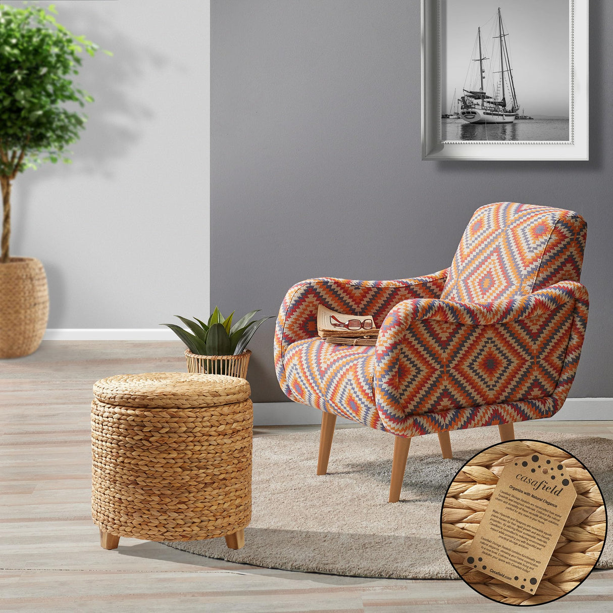 Casafield 17" Round Storage Ottoman with Lid - Natural, Handwoven Water Hyacinth Footstool for Living Room, Bedroom, Bathroom, Home Office Casafield