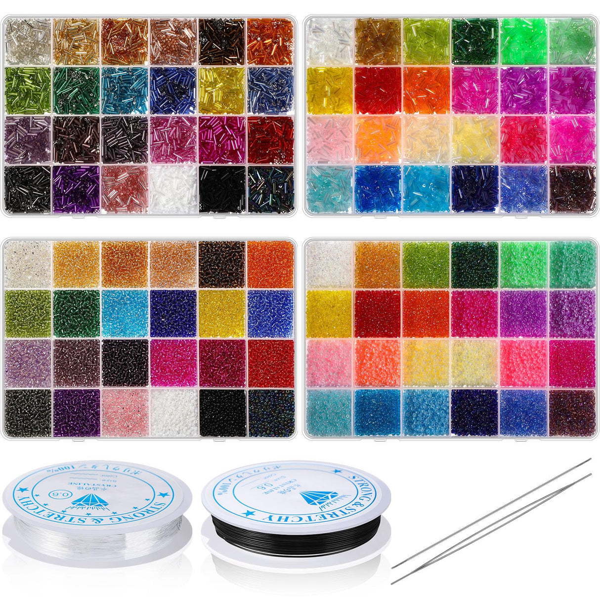 Tondiamo 32000 Pcs 2mm Glass Seed Beads and 12000 Pcs 7mm Tube Beads Set, Small Craft for DIY Bracelet Necklaces Crafting Jewelry Making Supplies with Beading Needles Elastic Strings, 48 Colors Tondiamo