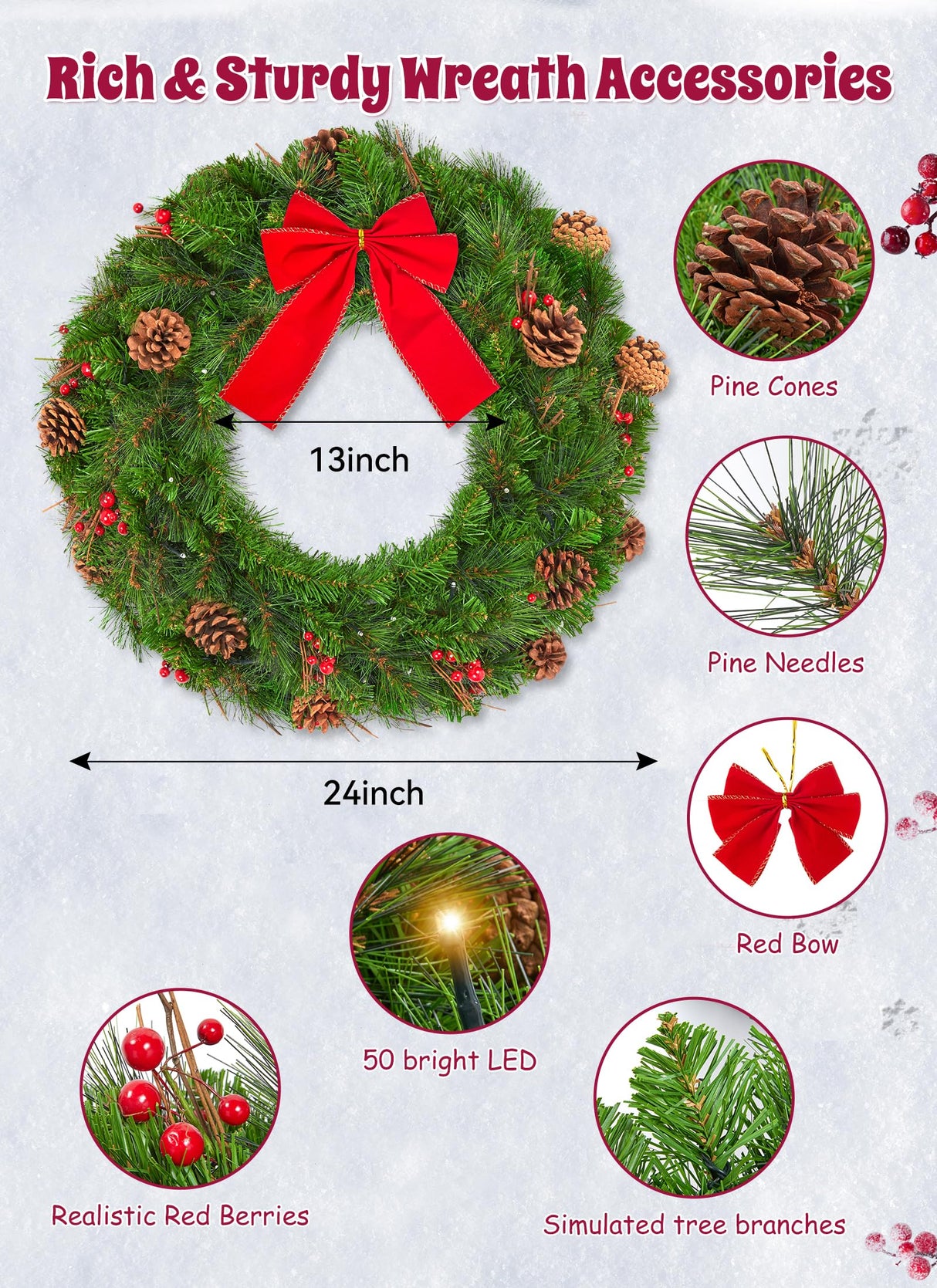 Brightown 24 Inch Pre-Lit Christmas Wreaths for Front Door, IP44 Battery Operated 50 LED Christmas Wreath, Decor with Pinecones Pine Needles Branches Red Berry Mini Bow for Front Door Wall Window Brightown