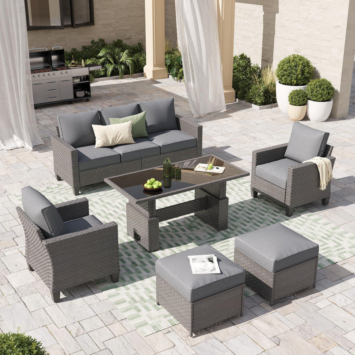 SUNSITT Outdoor Patio Furniture Set 6 Piece Wicker Conversation Set with Lift Coffee Table Sectional Dining Set 3 Seat Sofa Couch with Ottoman, Grey Wicker & Grey Cushion SUNSITT