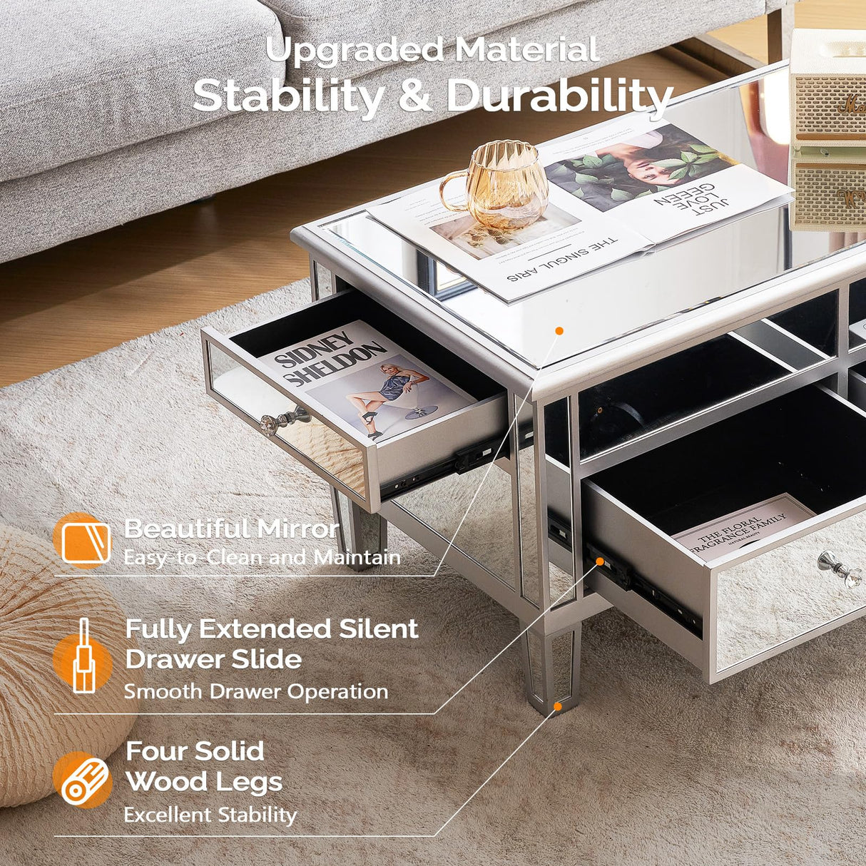 VINGLI Mirrored Lift Top Coffee Table, Assembled Modern Coffee Table with Drawers for Living Room (Silver, 35'' x 19'' x 18'') VINGLI