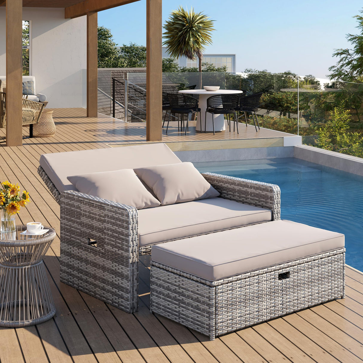 Amopatio Wicker Outdoor Daybed - Outdoor Loveseat with Storage Ottoman,4-Level Adjustable Backrest & Cushions, Patio Loveseat for Yard, Balcony, Porch, Garden, Poolside(Grey) Amopatio