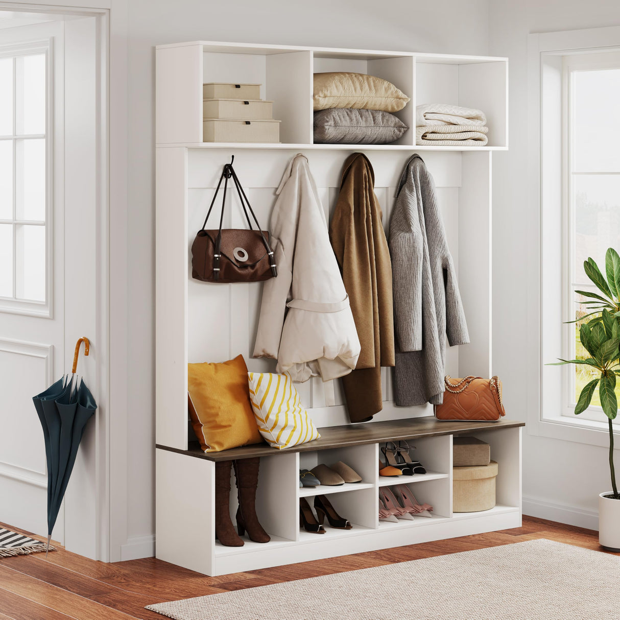 Apeaka Hall Tree with Bench and Storage, Farmhouse 75" H Tall Hall Tree Wood Entryway Shoe Bench with Coat Rack and Storage Shelves for Mudroom, White Apeaka