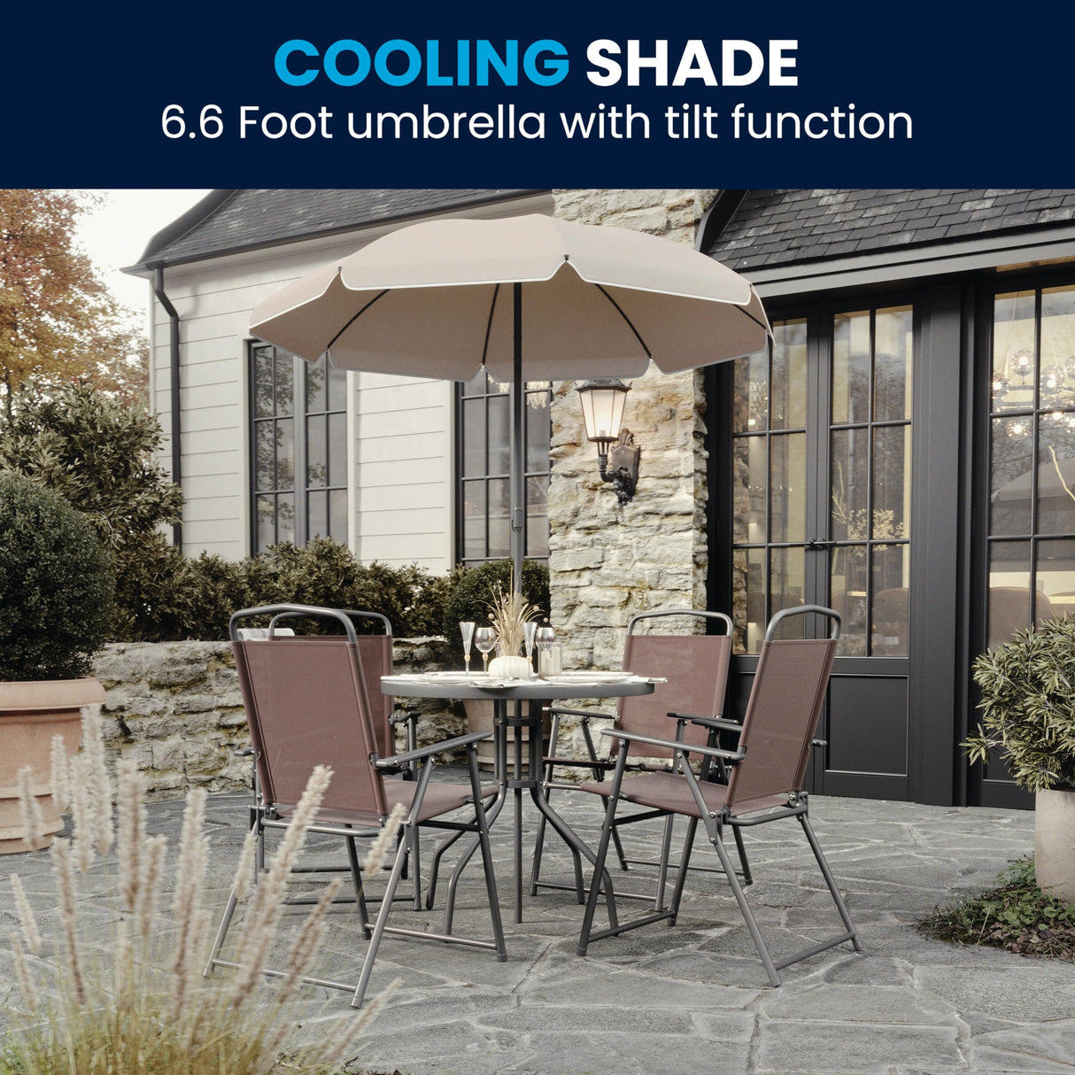 Flash Furniture Nantucket 6-Piece Patio Dining Set with Glass Table, 4 Folding Chairs, and Umbrella, Outdoor Patio Set, Brown Flash Furniture