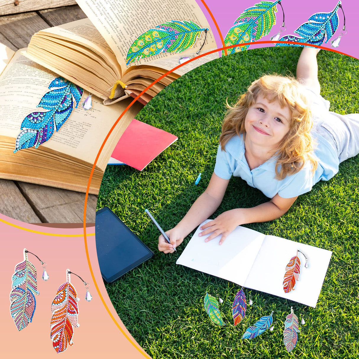 Tinlade 8 Pcs 5d Diamond Painting Bookmarks Kits DIY Crystal Diamond Art Feather Bookmarks for Book Lovers Home Office Project Graduation Birthday Gift Tinlade