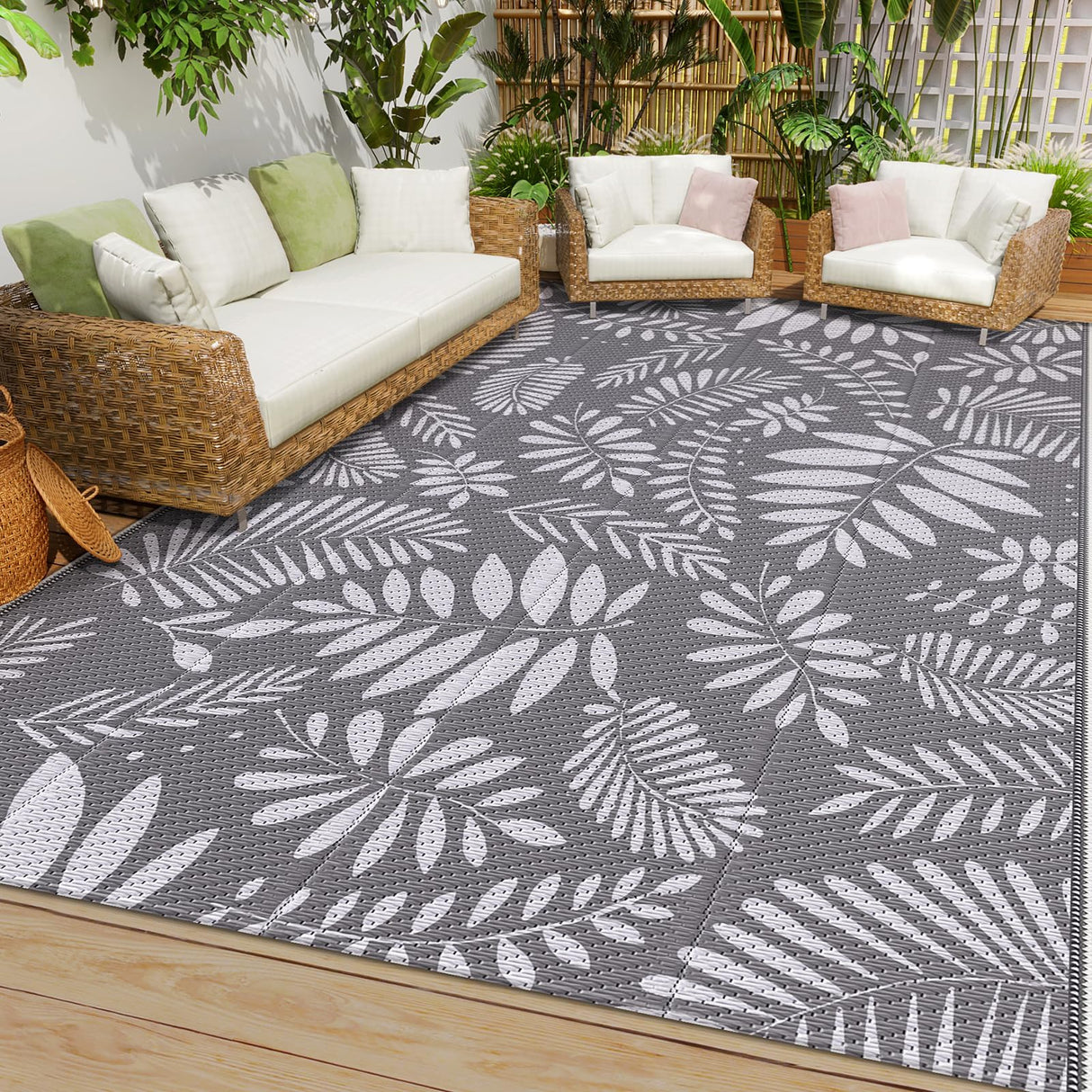 Outdoor Rug, Patio Rug, Plastic Straw Camping Rugs, Large Waterproof Area Rug and Mat for Outdoors, RV, Patio, Backyard, Deck, Porch, Beach, Balcony, (5'x 8', White&Gray) StepRite