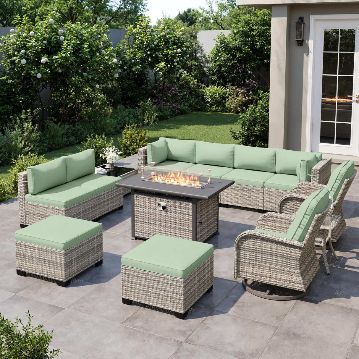 Muphyers 13-Piece Outdoor Patio Furniture Set with Rocking Swivel Chair, Wicker Rattan Sectional Sofa Conversation Set with 55,000 BTU Fire Pit Table with Ottomans, Backyard Furniture, Light Green Muphyers