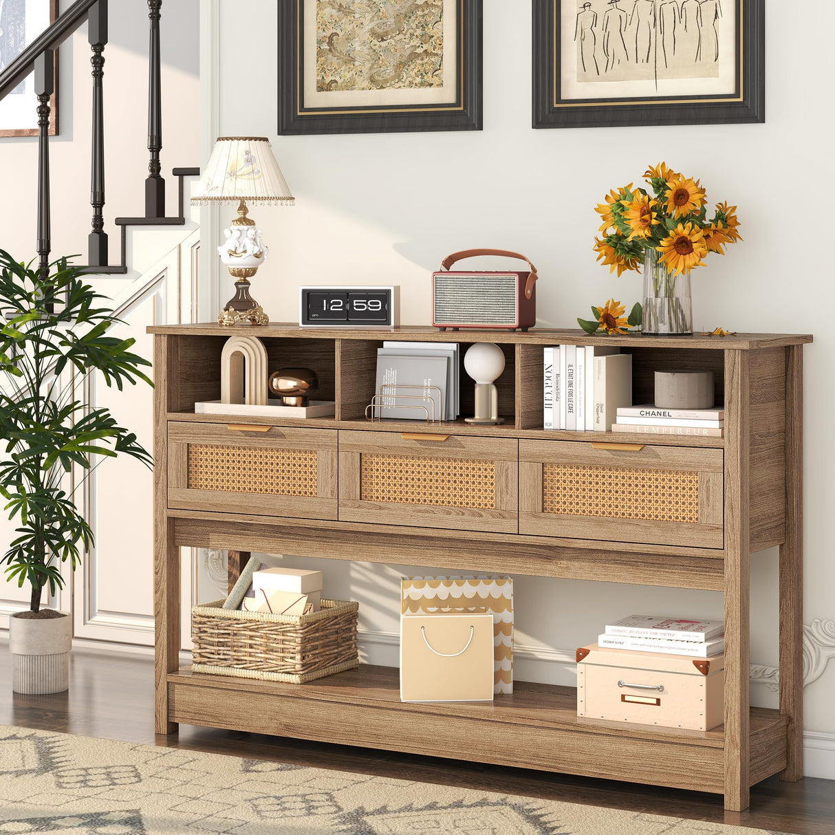 knoworld Rattan Console Table, Entryway Table Sofa Table with Storage, Hallway Foyer Table Behind Couch Table, Wood Console Tables Open Storage Shelf for Living Room, Hallway knoworld