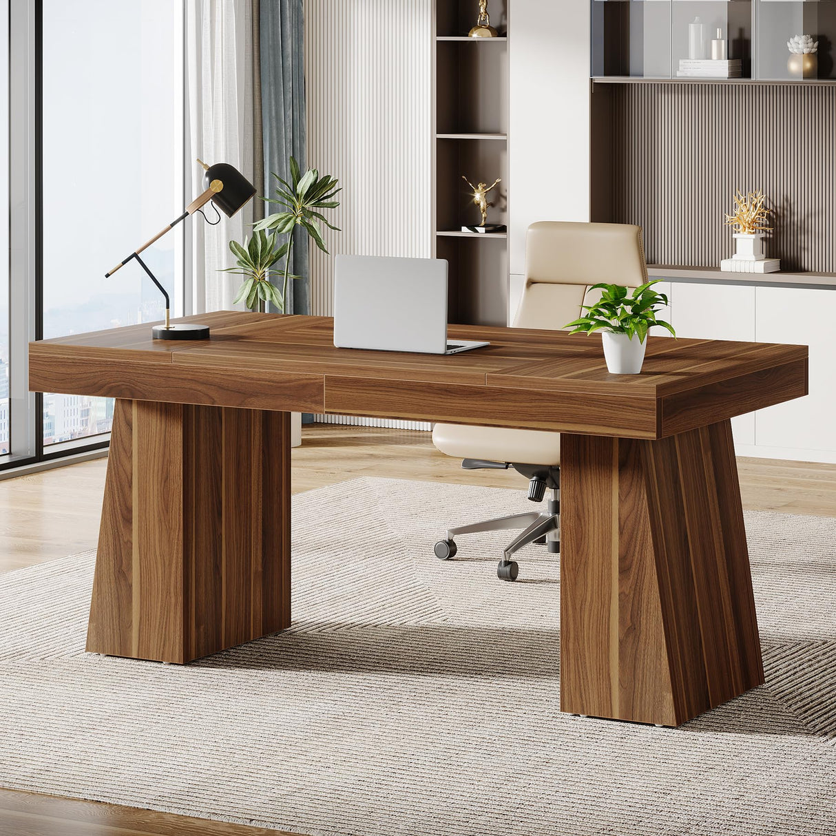 Tribesigns 55 Inches Executive Desk, Mid-Century Modern Home Office Desk with Double Trapezoid Base, Wood Computer Desk Business Workstation Desk Small Conference Table, Brown Tribesigns