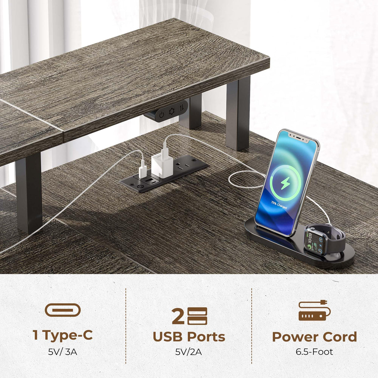 Seventable L Shaped Desk with File Drawers, 64" Home Office Desk with Power Outlet & LED Lights, Reversible Gaming Desk with Printer Storage Shelves, Corner Computer Desk with Monitor Stands, Grey Seventable