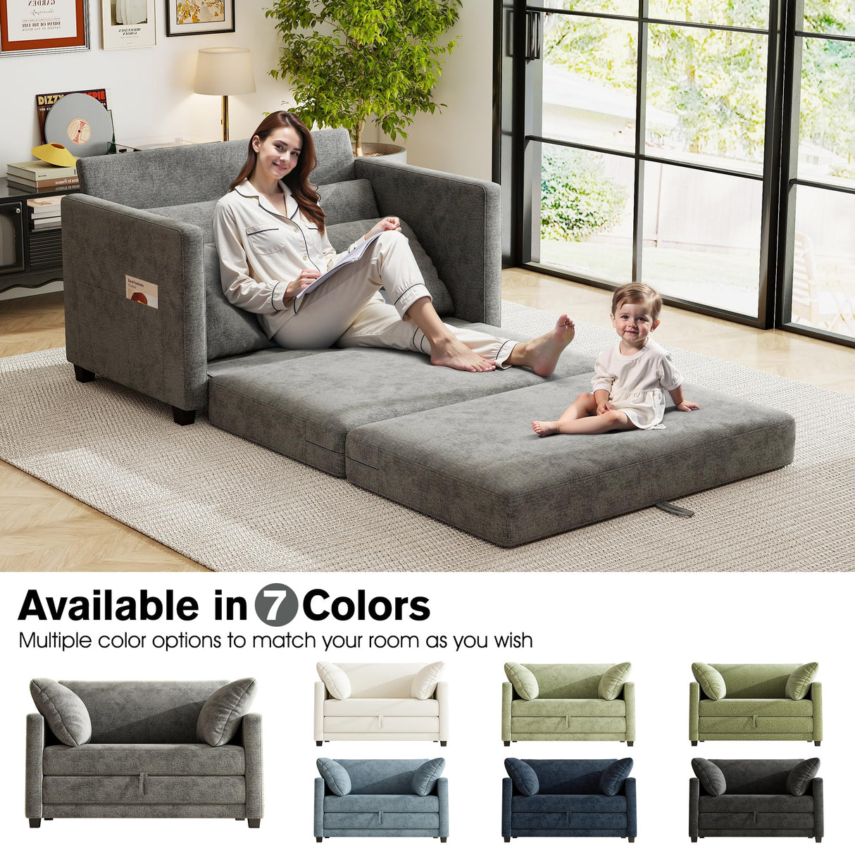 kakuboohi 51" Loveseat Sleeper Sofa Bed, Chenille Convertible Floor Sofa Bed for Small Spaces, Folding Couch Bed with Deep Seat, 2 Pillows & Solid Frame, Pull Out Floor Couch for Living Room, Grey kakuboohi