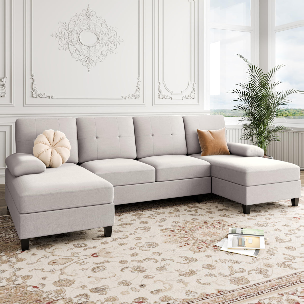 Shintenchi Sectional Sofas for The Living Room, U-Shaped Couch with Dual Chaise Lounge, 4-Seat Furniture Set Featuring Soft Cushions and Linen Fabric,Creamy White Shintenchi
