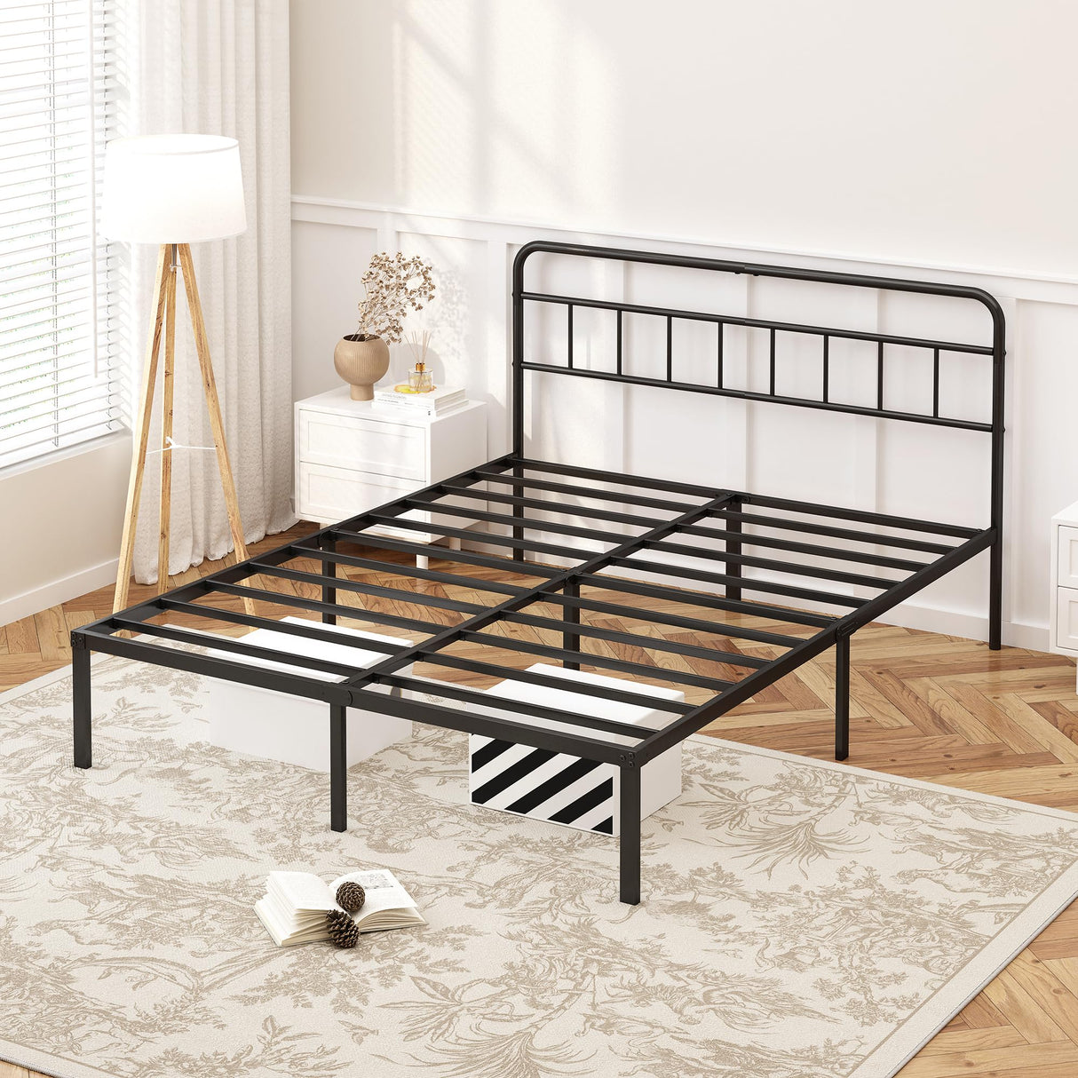 Kujielan 12 inches King Size Bed Frame with Minimalist headboard,Metal Platform Base with Strong Metal Slats,Mattress Foundation for Under Bed Storage,Easy Assembly,Black Kujielan