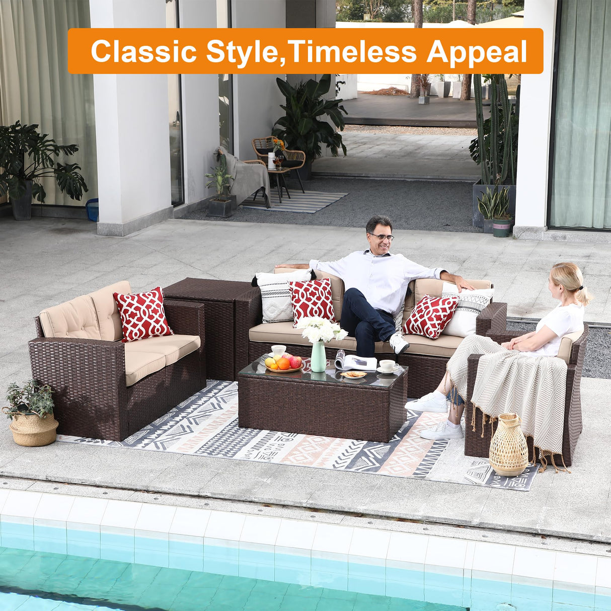 JOIVI 8 Pieces Patio Conversation Sets, All Weather Outdoor Sectional Patio Sofa, U-Shaped PE Wicker Patio Furniture Sets with Storage Box, Coffee Table, 3 Pillows, for Garden, Porch, Brown JOIVI