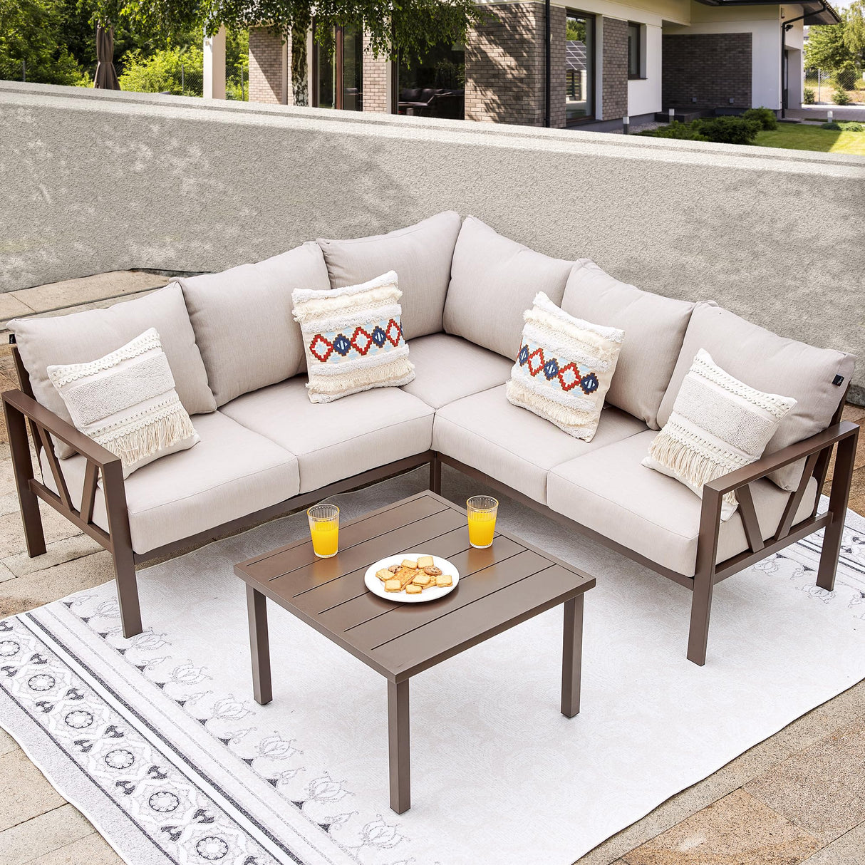 COMLAX FIELD Patio Furniture Set, 6 Pieces Outdoor Couch Sectional, L Shaped Patio Sofa, Metal Patio Couch Sectional with Side Table, Outdoor Seating Conversation Set, Beige COMLAX FIELD