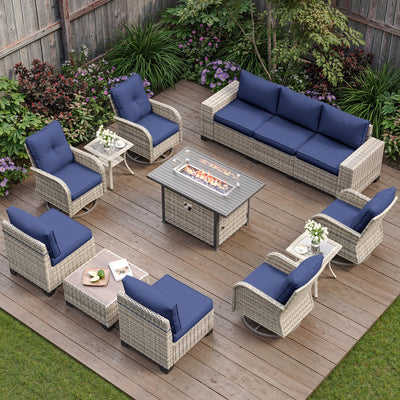 Muphyers 13-Piece Outdoor Patio Furniture Set with Rocking Swivel Chair, PE Wicker Rattan Sectional Sofa Patio Conversation Set with 55,000 BTU Fire Pit Table & Coffee Table, Navy Blue