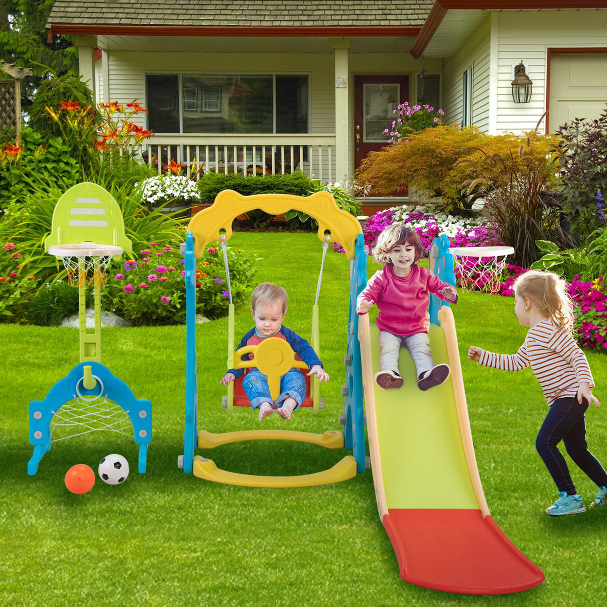 NYEEKOY 6 in 1 Toddler Slide and Swing Playset Indoor Outdoor Freestanding Playground Kids Slide Climber Swing Set with Basketball Hoop for Kids Age 3-12, Backyards Slide for Baby Nyeekoy