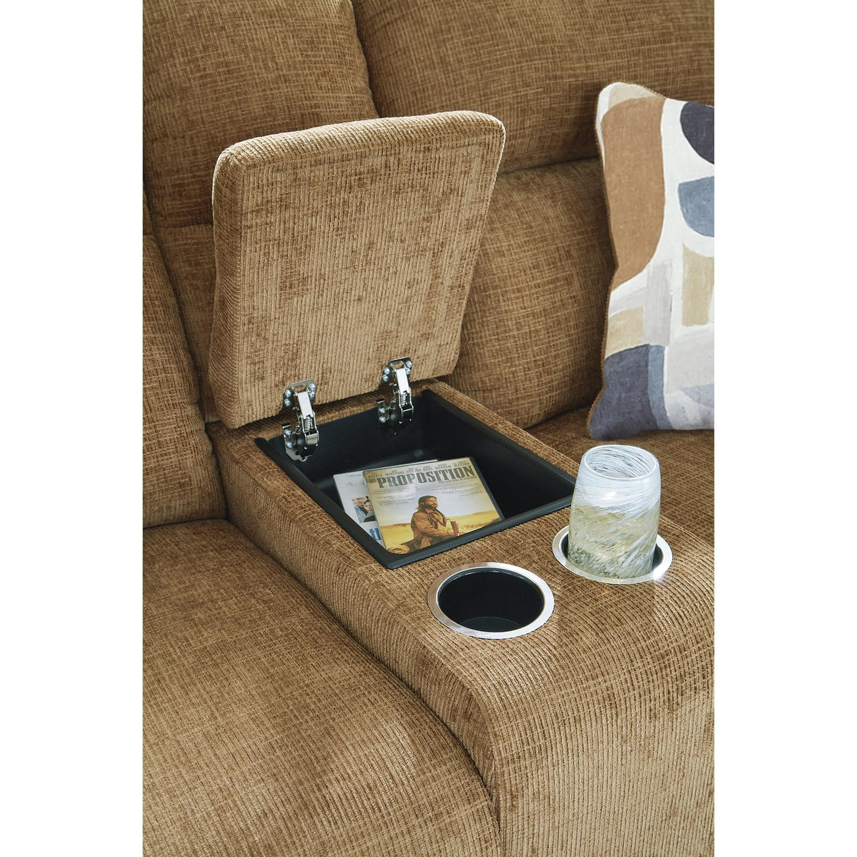 Signature Design by Ashley Kanlow Contemporary Manual Double Reclining Loveseat with Console, Storage, Cup Holders and 2 Accent Pillows, Light Brown Signature Design by Ashley