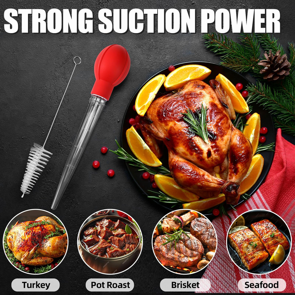 OLESBUR Premium Turkey Basters for Cooking – Baster Syringe for Hot Liquids – Meat and Food Injector – Essential Thanksgiving Cooking Tool – Turkey Baster Large with Cleaning Brush (Red) OLESBUR