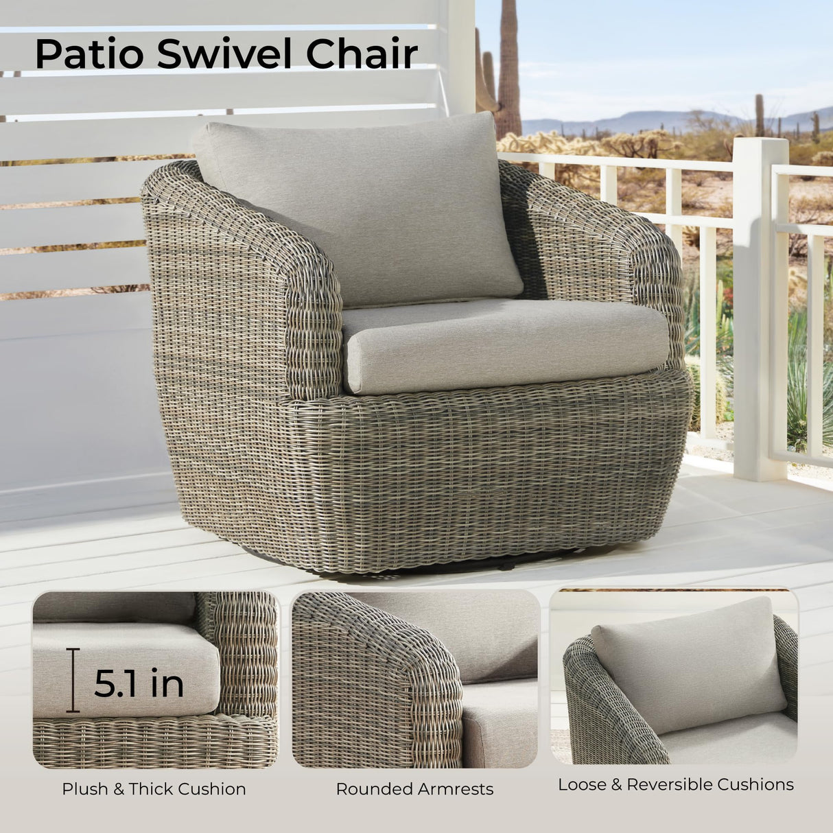 CHITA 5 Pieces Patio Wicker Furniture Set, Outdoor Rattan Bistro Set with Removable Thickened Cushions, Fully Assembled(Gray Cushions with Brownish Gray Wicker) CHITA