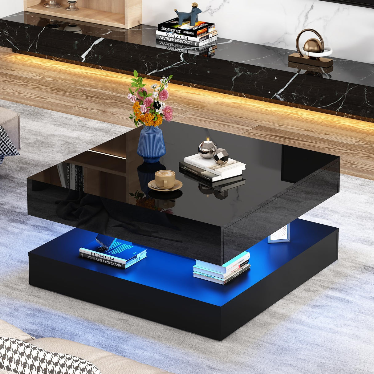 jiteentarou 33.9" LED Coffee Table with Storage, Modern High Glossy Living Room Table w/2 Drawers,Double-Layer Design Large Square Center Table for Living Room, Home, Office, Black jiteentarou