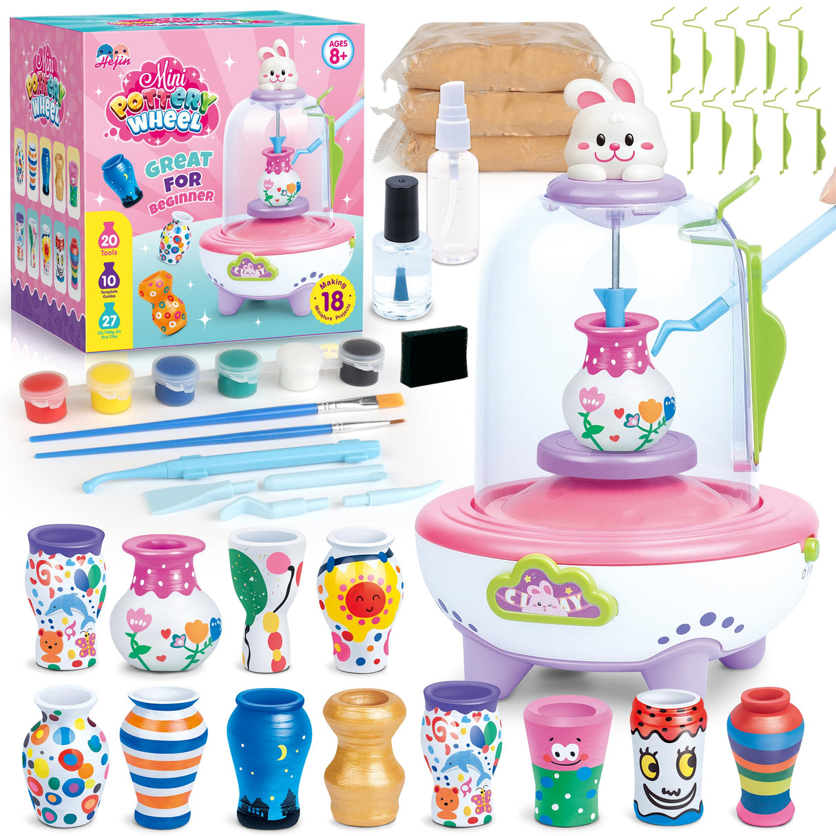 Pottery Wheel for Kids for Beginners, Mini Pottery Wheel,18 Miniature Clay Projects with 3 Pack Air Dry Clay, Arts and Crafts for Kids Ages 8-12 HEJIN