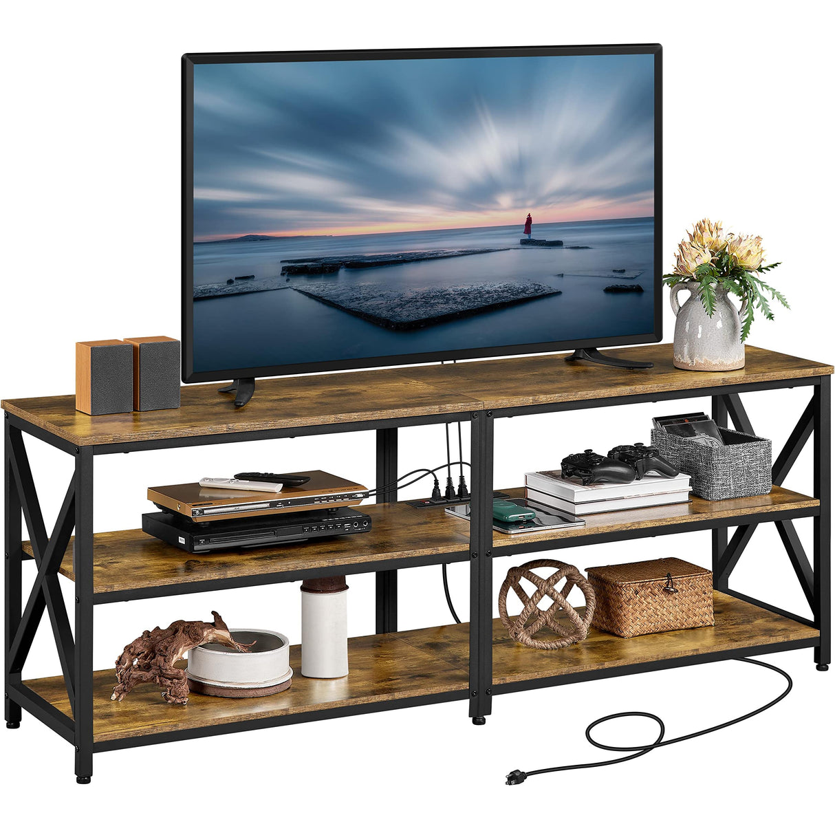 Yaheetech TV Stand with Power Outlet, Industrial TV Stand for 75 Inch TVs, Media TV Console Table with Open Storage Shelves for Living Room, Rustic Brown Yaheetech