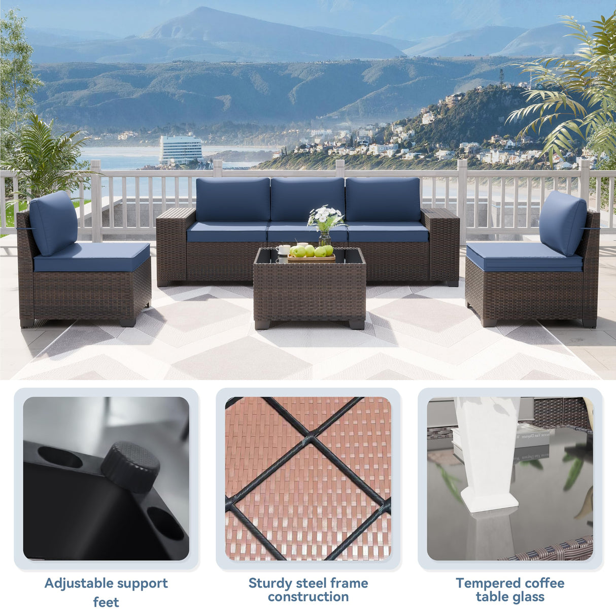 Kurapika 9 Pieces Patio Furniture Set, Rattan Wicker Sofa Set, Outdoor Conversation Sets w/Swivel Rocking Chairs Patio Sectional Sofa w/4 Inch Cushion, Navy Blue Kurapika