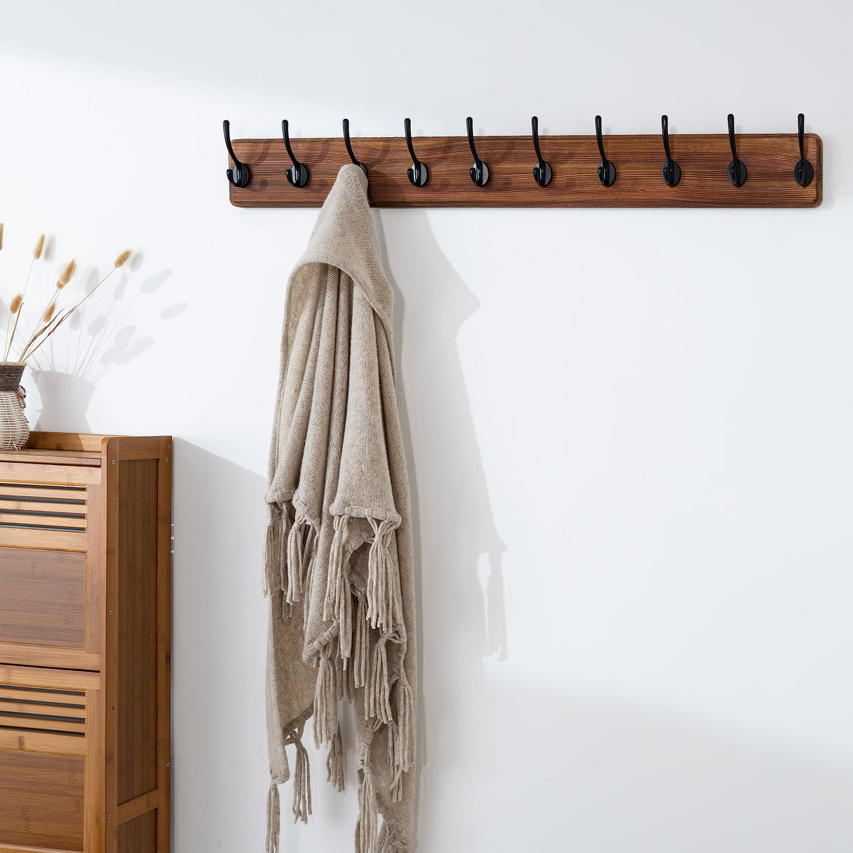SKOLOO Farmhouse Style Wall Mounted Coat Rack, 38.6'' Pine Solid Wood Coat Hook Hanger - 10 Hooks for Hanging Clothes Robes Towels Coats SKOLOO