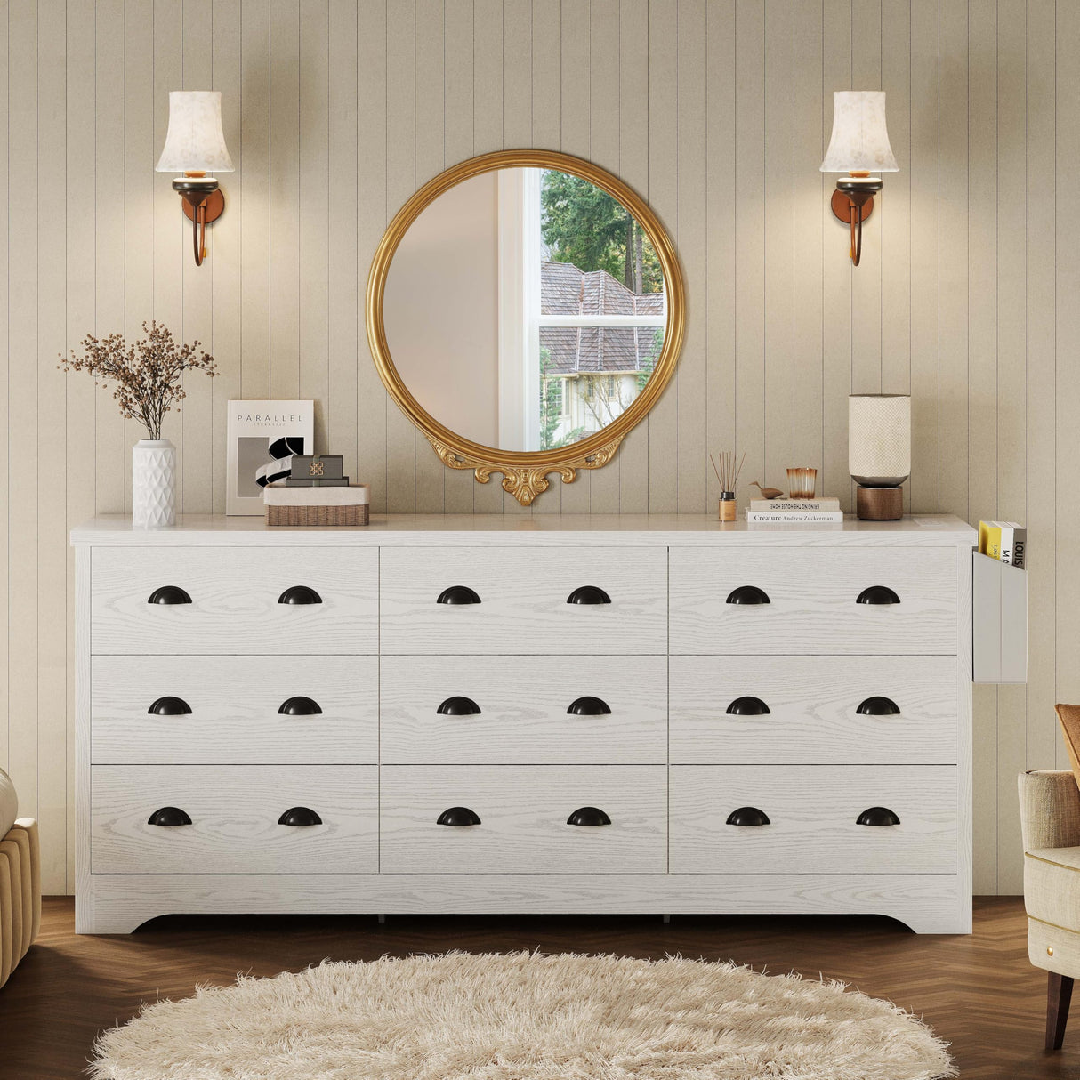 LIKIMIO Dresser 9 Drawer 63" W Long Wood Storage Chest of Drawers for Bedroom Living Room, Large Storage with Charging Station and Storage Bag, White LIKIMIO