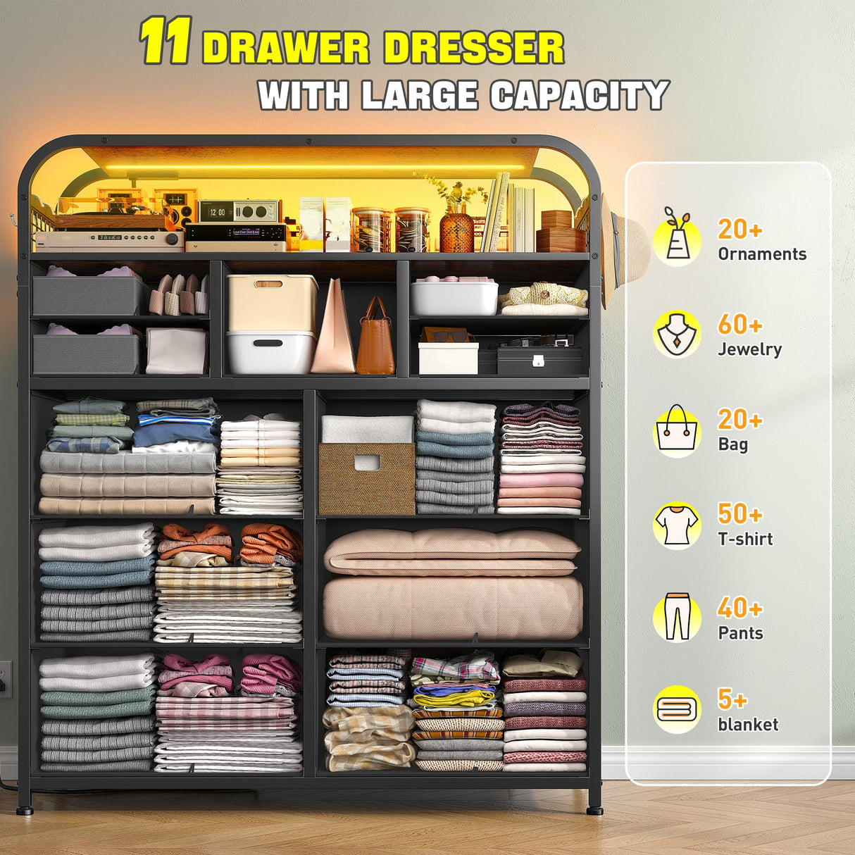 EnHomee Dresser with LED Lights & Charging Station, Dresser for Bedroom with 2 Tier Shelves & 4 Hooks, 11 Drawers Dresser, Closet, Living Room, Entryway,Sturdy Frame,Wooden Top, Rustic Brown EnHomee