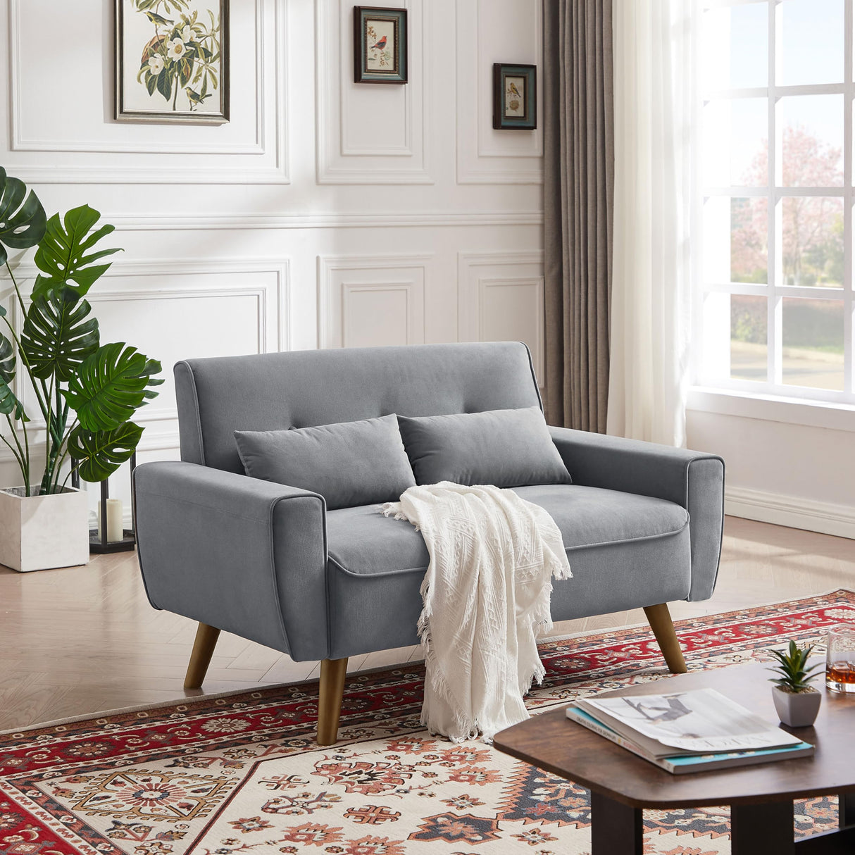 Portaforta 48" Small Loveseat Sofa, Mid Century Modern Love Seat Couch, 2 Seat Tufted Couches with Throw Pillows for Living Room, Apartment, Bedroom and Small Spaces, Light Grey Portaforta