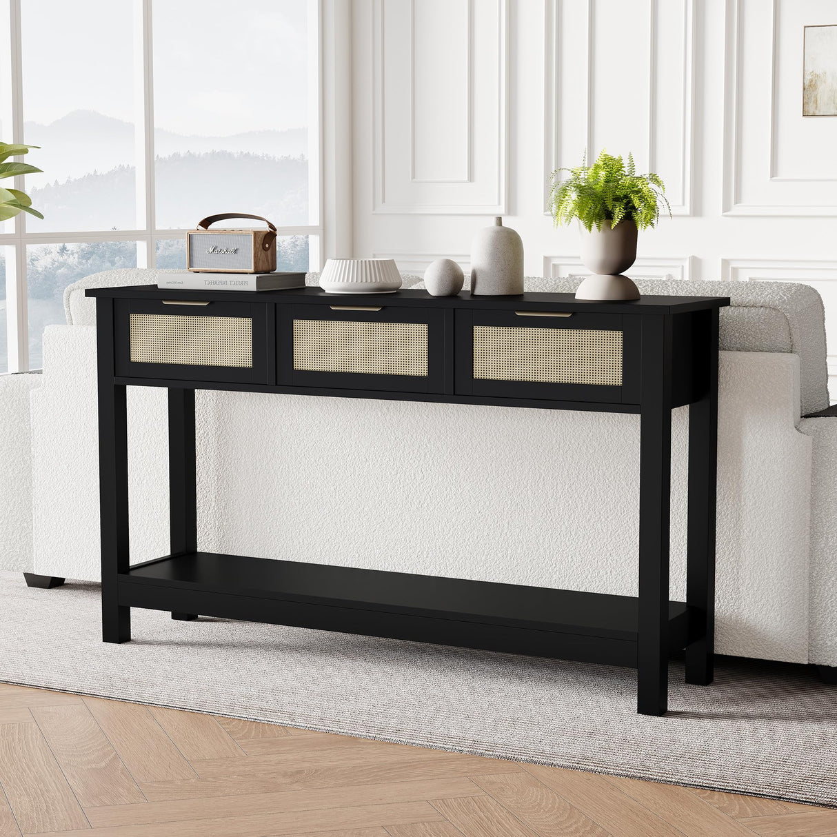 Luoxiao Rattan Console Table, Boho Entryway Table, Narrow Long Sofa Table, Hallway Foyer Table, Behind Couch Table with 3 Drawers and Open Storage Shelf for Living Room and Corridor, Black Luoxiao
