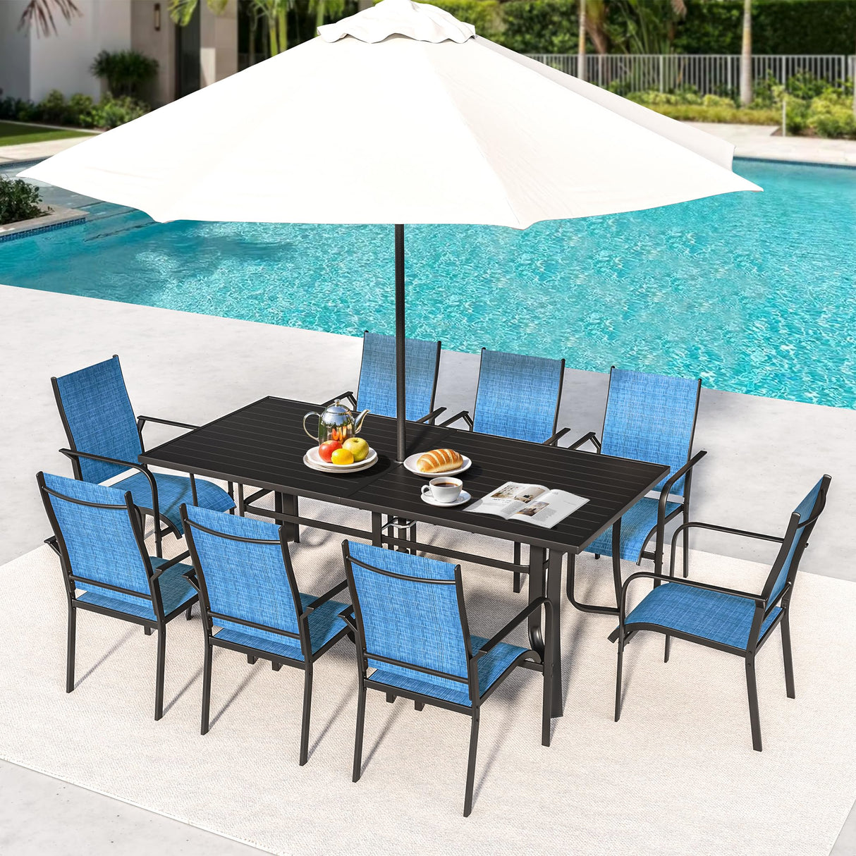 BUPPLEE 9-Piece Outdoor Patio Dining Set with 8 Stackable Dining Chairs, Metal Table with Umbrella Hole, 8-Person Patio Table and Chairs for Backyard, Poolside, Balcony and Garden Blue BUPPLEE