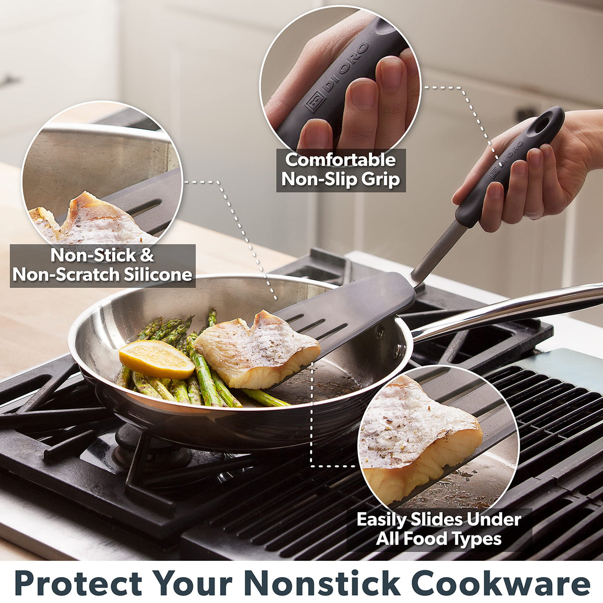 DI ORO Living Spatulas for Kitchen Use - Spatulas Silicone Heat-Resistant up to 600°F - Turner Spatula Set for Cooking - BPA Free Wide Pancake Spatulas - Egg Flippers for Nonstick Cookware Safe (3pc) di Oro Living