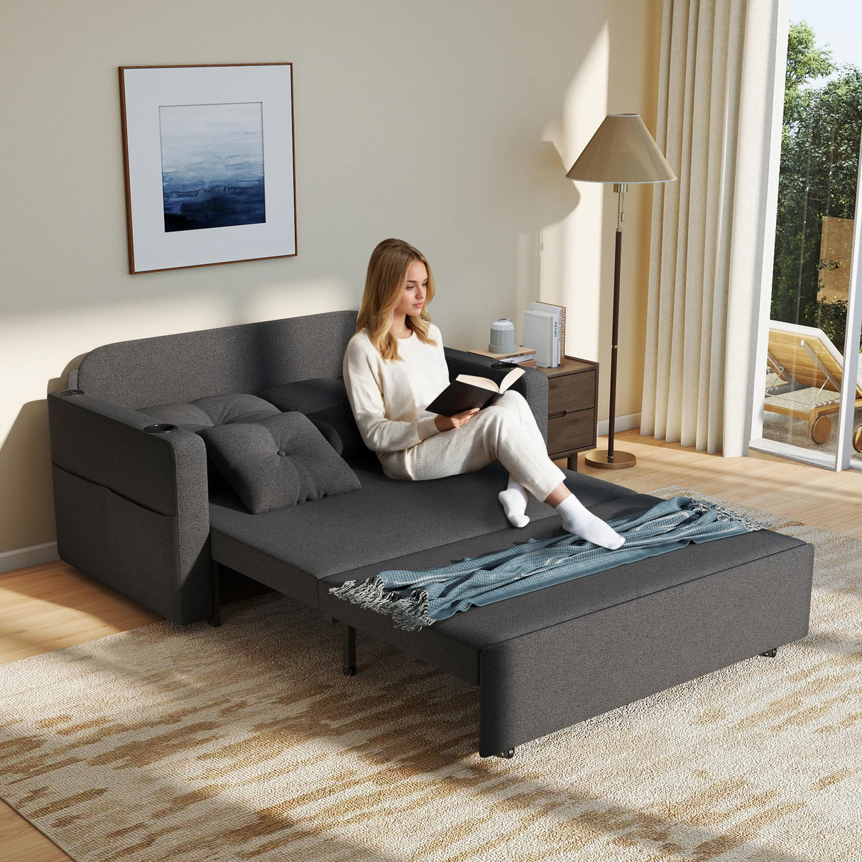 Krcix 3 in 1 Sofa Bed, 56 Inch Convertible Pull Out Couch, Loveseat Sleeper Sofa with Cup Holders, USB, Sofa Couches for Living Room, Bedroom, Apartment, Dark Grey Krcix