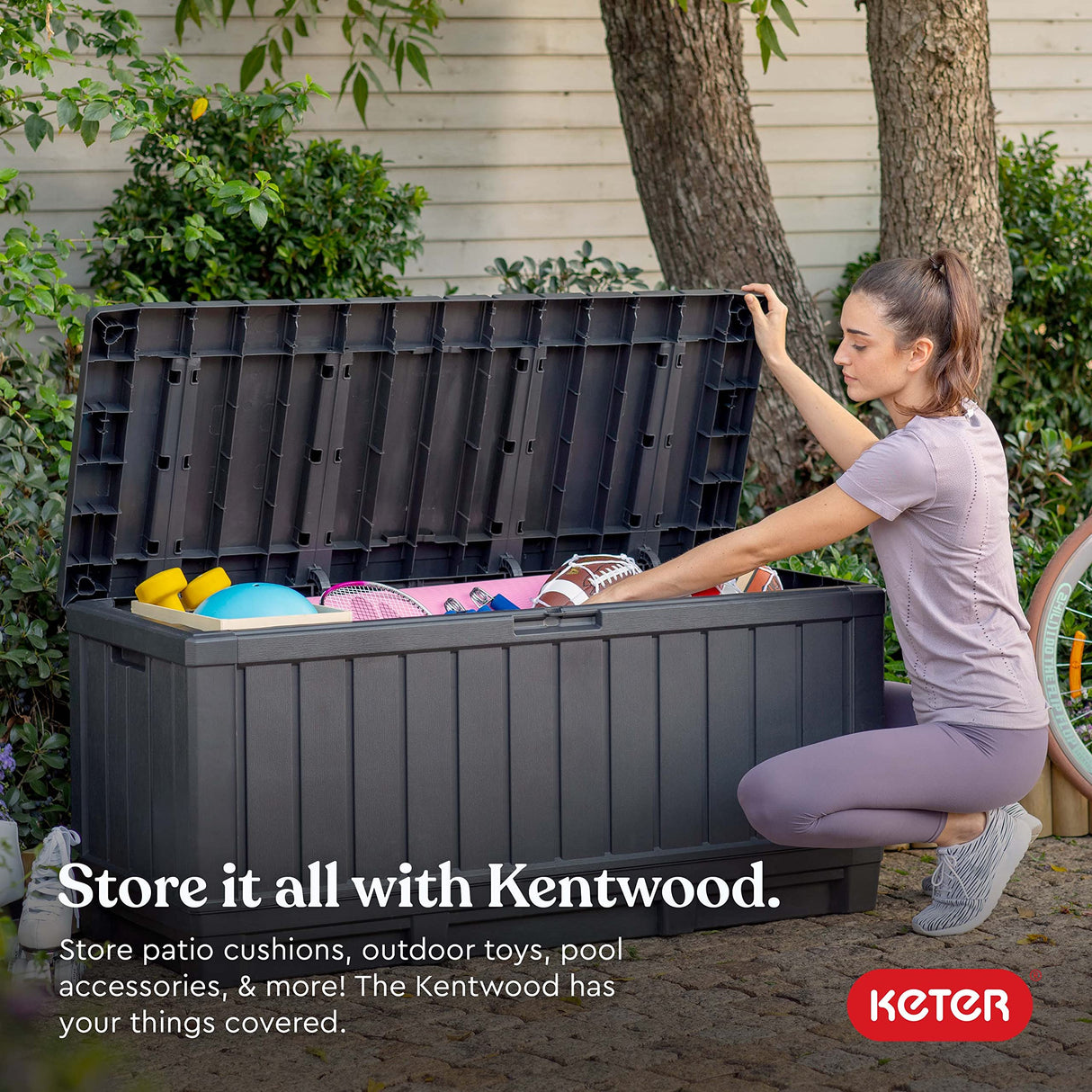 Keter Kentwood 92 Gallon Resin Deck Box-Organization and Storage for Patio Furniture Outdoor Cushions, Throw Pillows, Garden Tools and Pool Floats, Dark Grey Keter