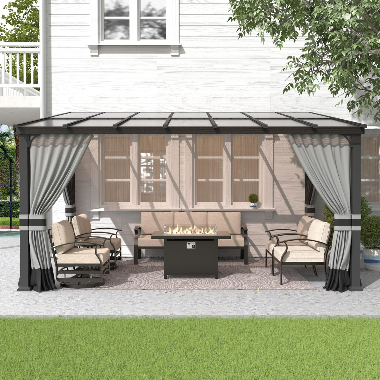 Gotland 10FTx14FT Outdoor Wall-Mounted Hardtop Pergola, Metal Frame Gazebo with Sloping Sun Panel Roof and Double Curtains for Patio, Garden, Lawn, Grey Gotland