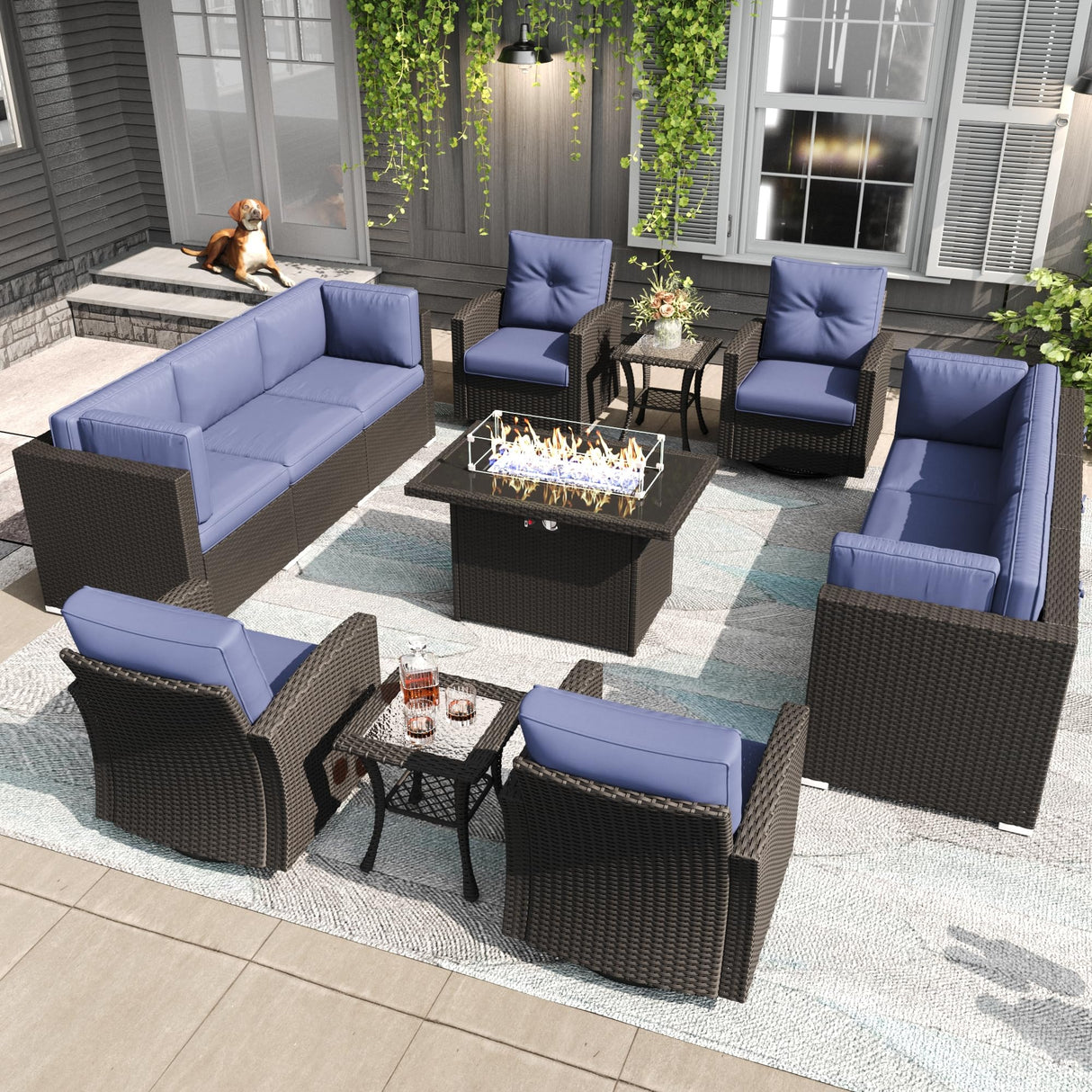 LayinSun 13 Pieces Patio Furniture Set with Fire Pit Table, Black Rattan Modular Sectional Outdoor Conversation Sofa Set, Swivel Rocking Chairs Set LayinSun