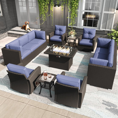 LayinSun 13 Pieces Patio Furniture Set with Fire Pit Table, Black Rattan Modular Sectional Outdoor Conversation Sofa Set, Swivel Rocking Chairs Set