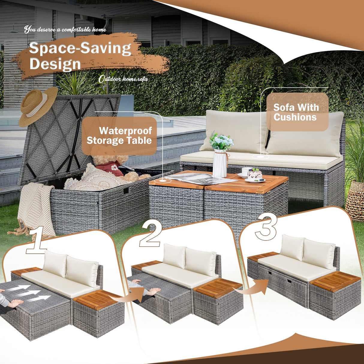 Devoko Outdoor Daybed Set Multifunctional Patio Day Bed Rattan Lounge Bed with 2 Side Tables for Backyard Porch Poolside Lawn Beach (Beige White) Devoko