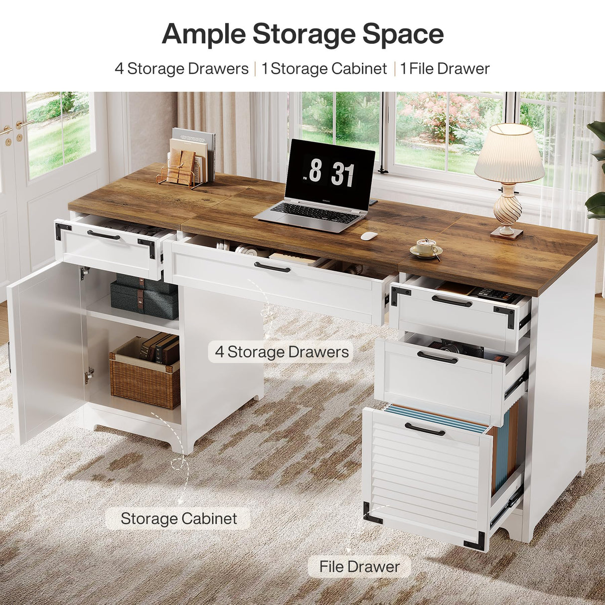 Tribesigns 59" Farmhouse Executive Desk, Computer Office Desk with File Drawers, Charging Station and Storage Cabinet, Wooden Rustic Writing Study Table for Home Office, White Tribesigns