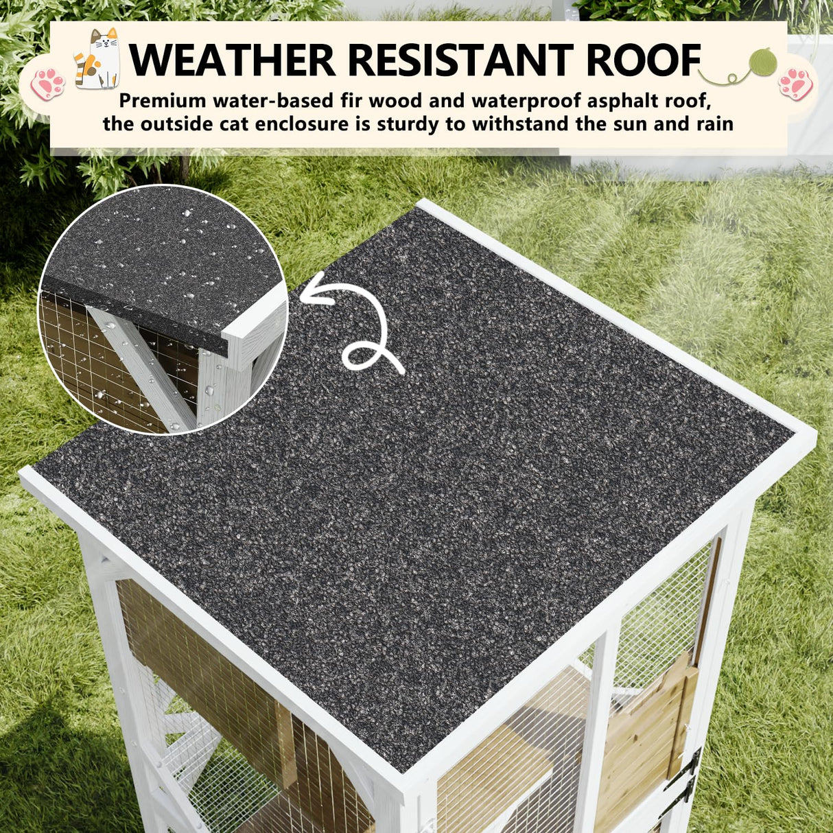 LEMBERI Cat House Outdoor Catio Cat Enclosures on Wheels, 71" Large Outside Patio Wooden Cat Cage Resting Box,Scratching Post, Waterproof Roof (White, 71") LEMBERI