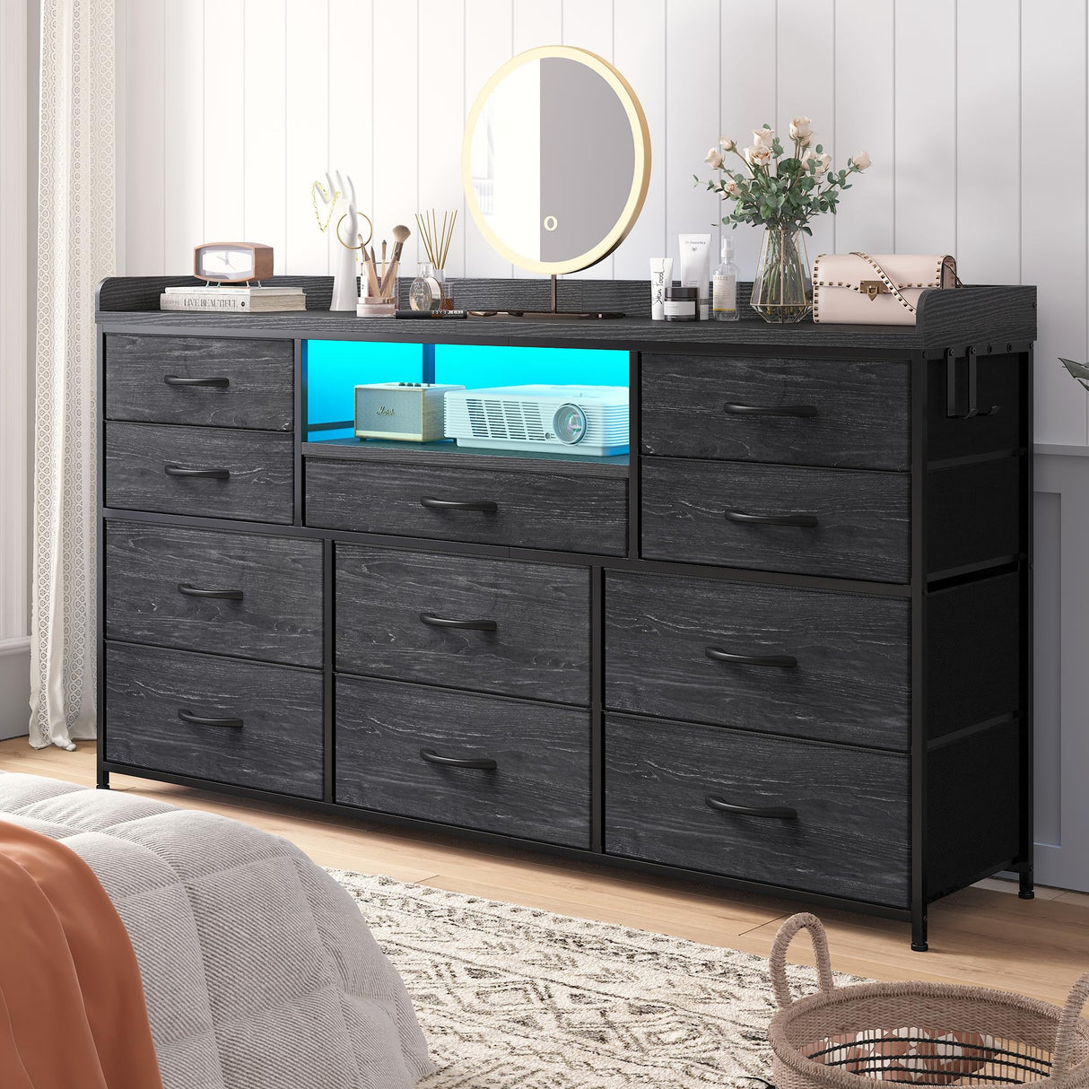 EnHomee Dresser TV Stand with 11 Drawers for 60" TV Stand for Bedroom with LED Lights & Power Outlets Long Dresser for Bedroom with Shelves & 4 Hooks Sturdy Metal Frame & Wood Top, Charcoal Black EnHomee