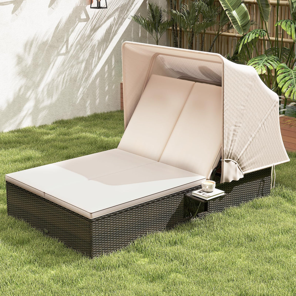 RELAX4LIFE Outdoor Daybed with Retractable Canopy - Wicker Double Chaise Lounge w/6-Position Backrest, 2 Folding Side Trays & Cushions, 2-Seater Loveseat Sunbed for Backyard, Rattan Patio Bed Lounger RELAX4LIFE